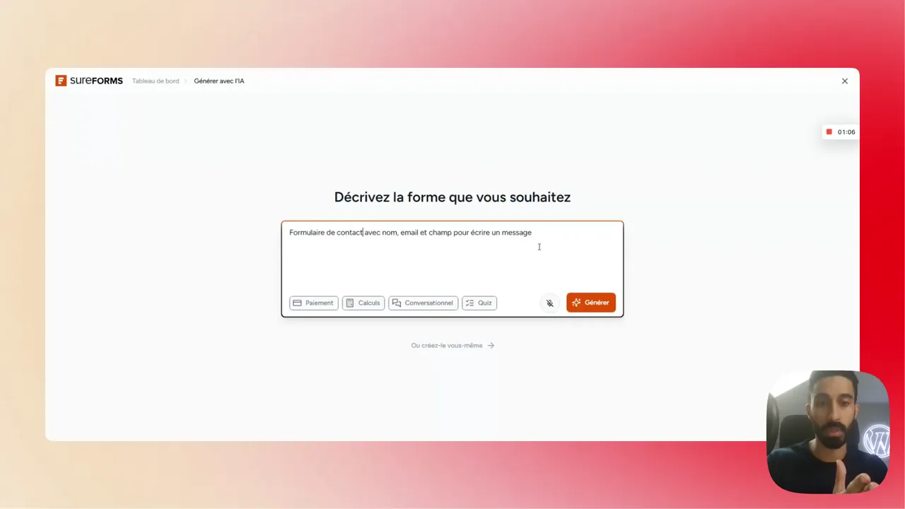 Éditeur SureForms affichant un formulaire de contact généré par IA avec les champs nom, email et message en français