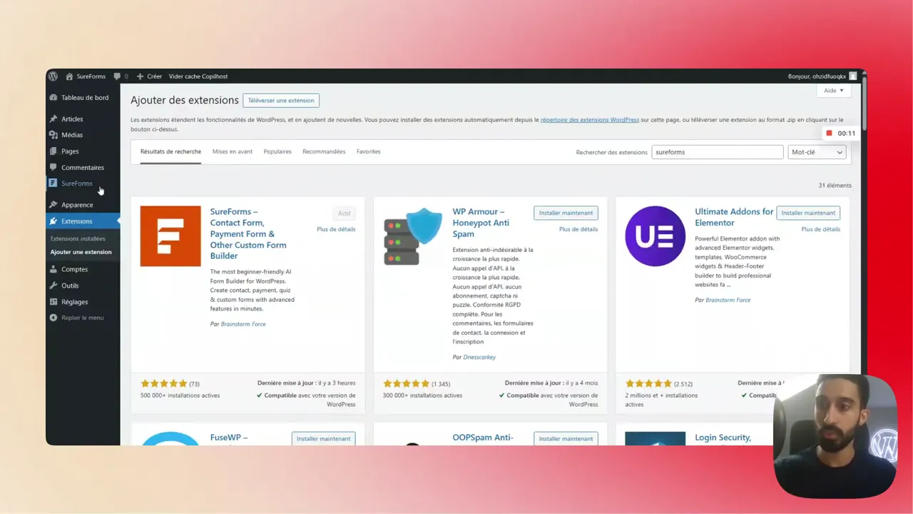 Interface du tableau de bord WordPress avec le menu SureForms actif et le listing des formulaires disponibles
