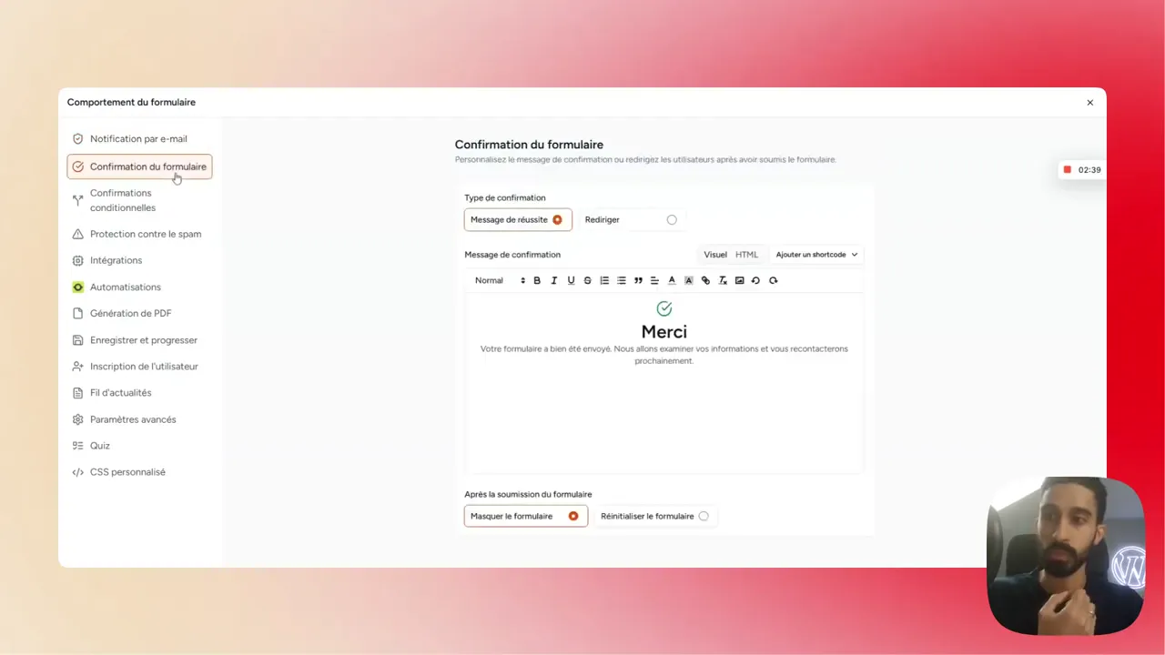 Panneau des paramètres du formulaire SureForms ouvert sur les options de confirmation après soumission